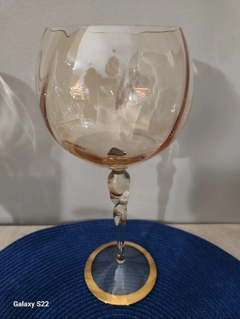 Gold-Trimmed Base Iridescent Amber Tint Balloon Wine Glasses - Set of 2